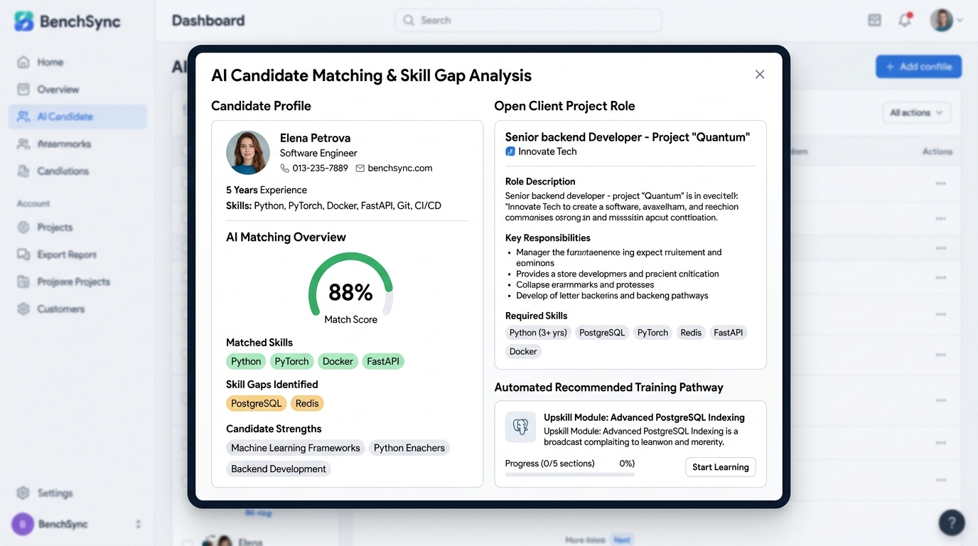 BenchSync AI matching and skill gap modal preview showing candidate compatibility