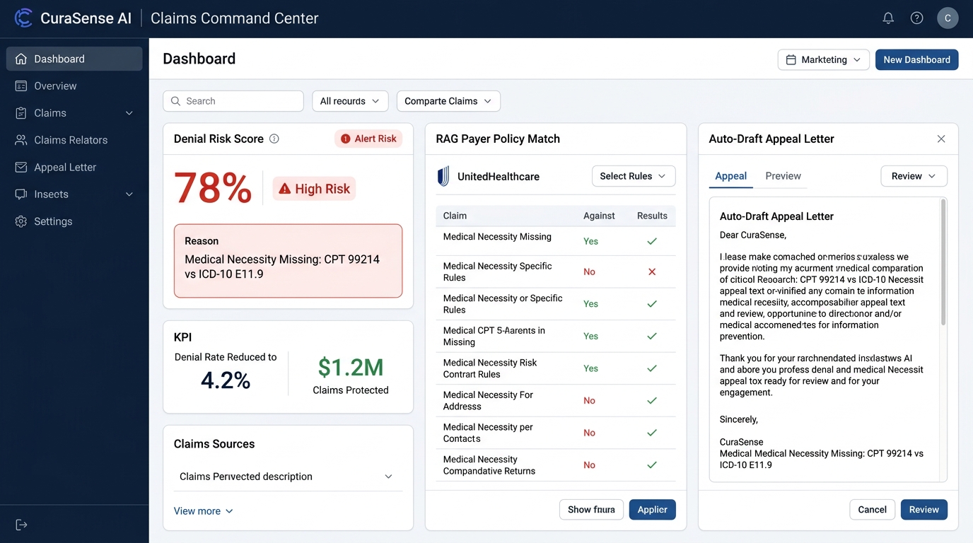 CuraSense AI healthcare revenue cycle management and claim denial prevention dashboard