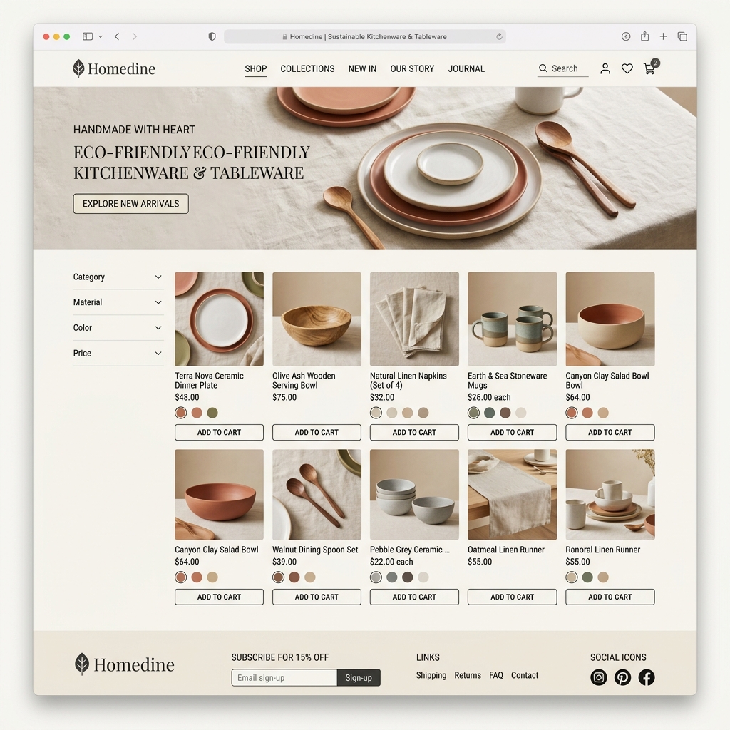 Homedine handcrafted kitchenware e-commerce website design and development